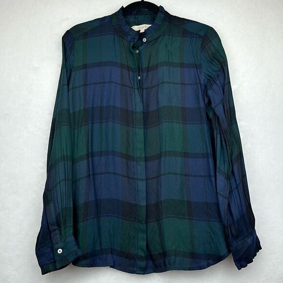 Ann Taylor LOFT Womens Button Front Shirt Sz Small Blue Green Plaid Rayon Blend - Picture 4 of 11